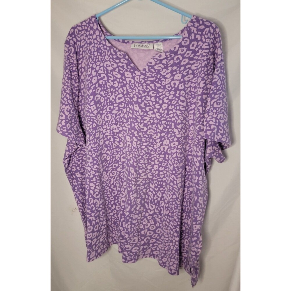 Vintage Roaman’s Women’s 3X Purple Animal Print Stretch Blouse Short Sleeve Top